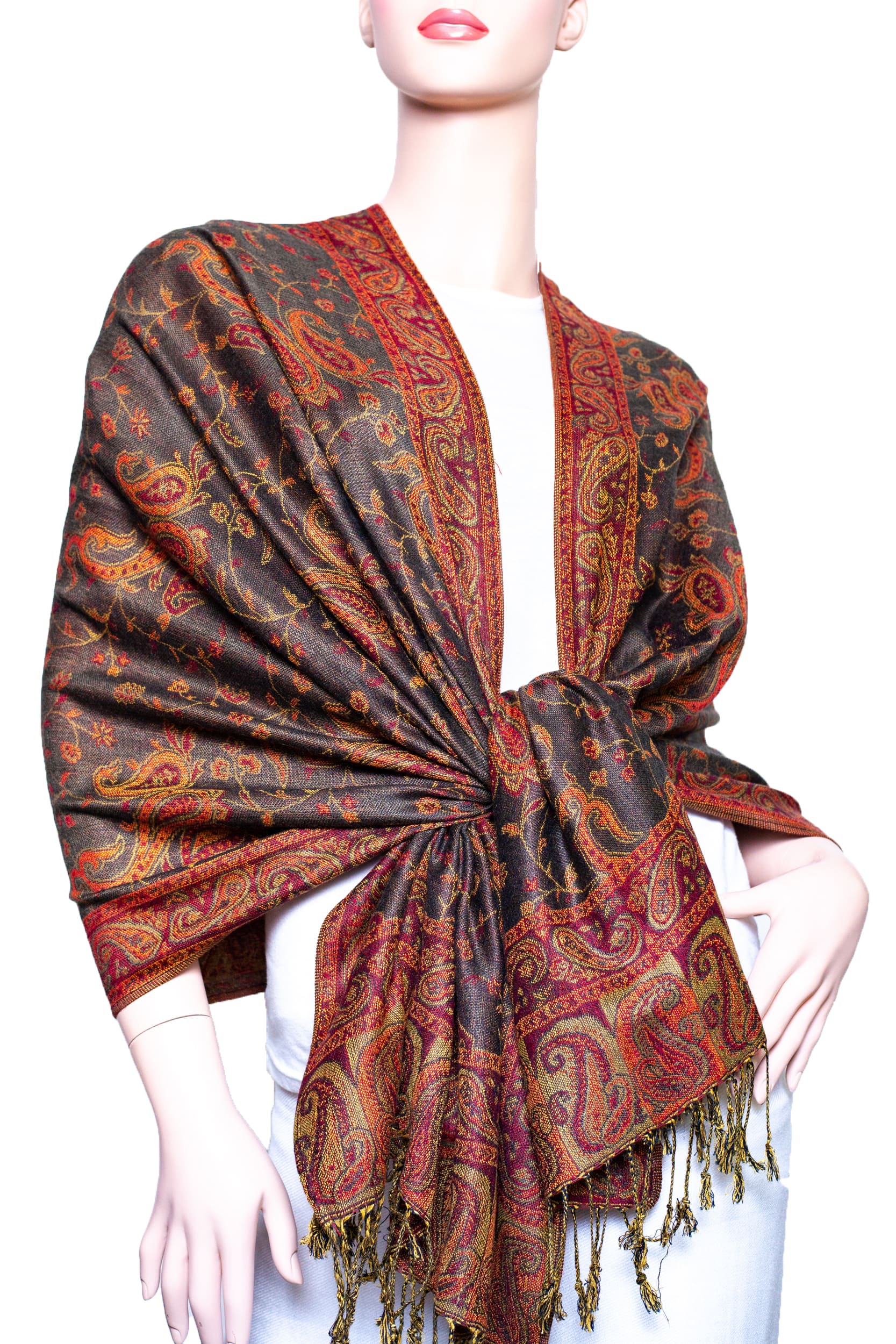 Outlined Reversible Paisley Pashmina Drab - Wholesale Scarves City